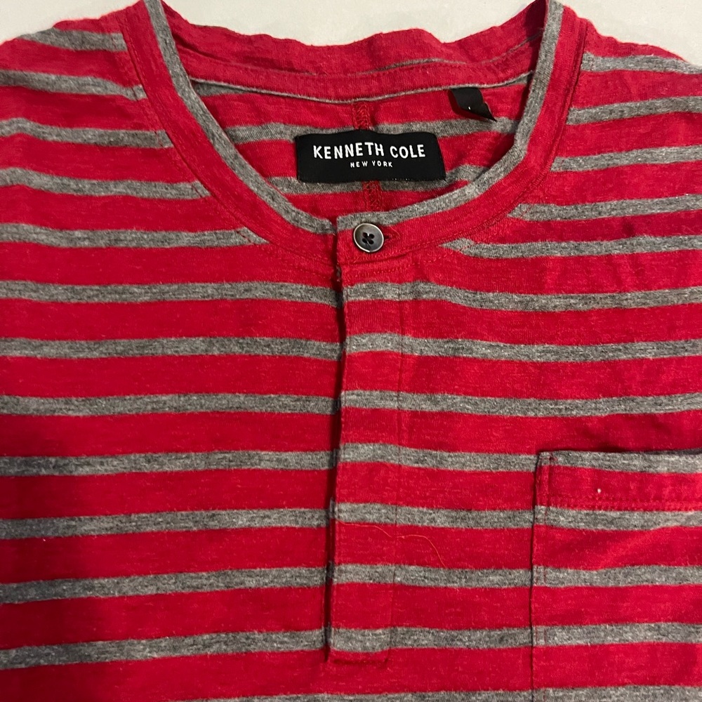 Kenneth Cole Men's Red and Gray Striped Long Sleeve Tee